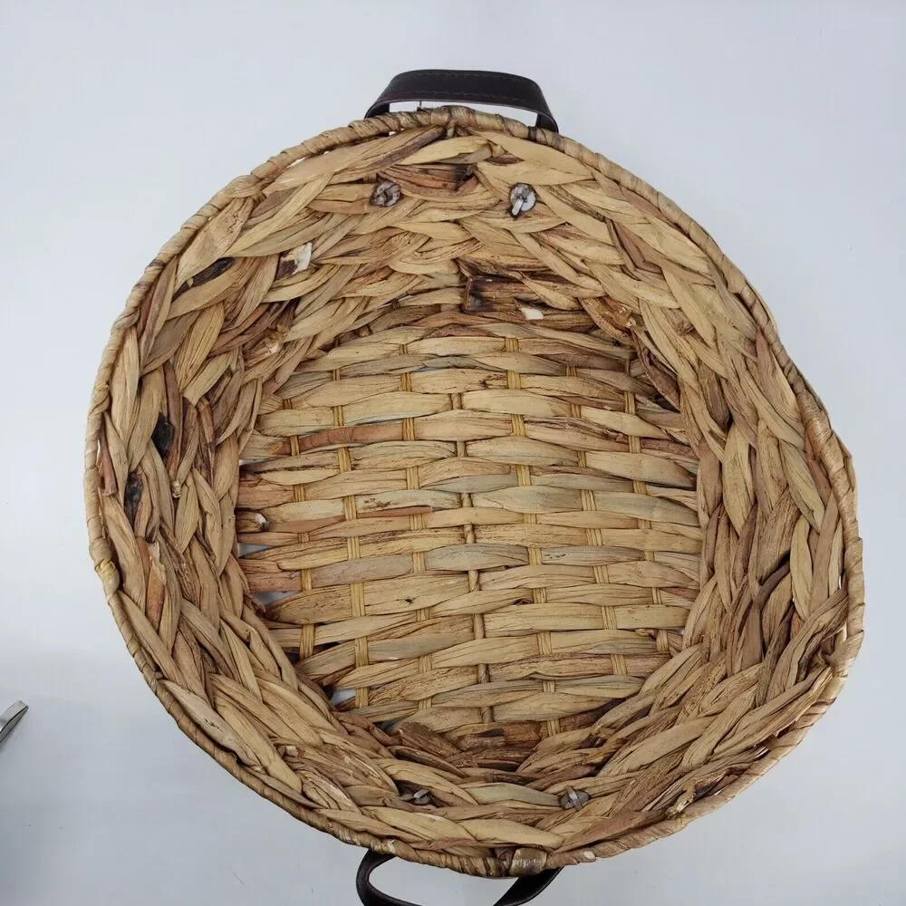 Woven Basket Vintage Rustic Metal Frame Round Riveted Vinyl Handles Pre-Owned